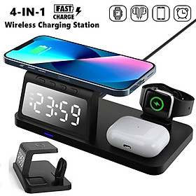 Trạm sạc không dây kiêm đồng hồ báo thức để bàn 4 in 1 HT-506 Alarm Clock Wireless Charger 