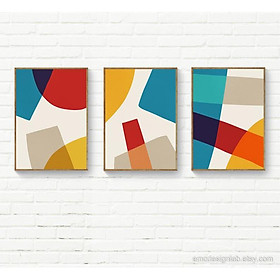 Tranh treo tường | Bộ 3 tranh Abstract Contemporary Art, Beige Red Blue Yellow Original Print Set