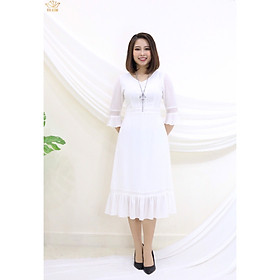 Đầm Thiết kế Đầm xòe Đầm thời trang công sở Đầm trung niên thương hiệu TTV351 trắng - Đầm form A tay chuông phối ren CD