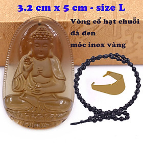 Mặt Phật A di đà đá obsidian ( thạch anh khói ) 5 cm kèm vòng cổ dây da nâu - mặt dây chuyền size lớn - size L, Mặt Phật bản mệnh