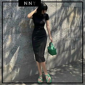 [NNY CLOTHING] Váy thun ôm body màu đen, lên dáng cực chuẩn CHIN DRESS - V078