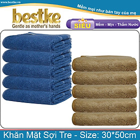 Combo 10 Khăn Mặt Sợi Tre bestke màu xanh đậm và nâu cafe size 30 50cm 70g