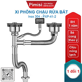 Xi phông chậu rửa bát đôi inox 304 pimisi pxp-41-2 cao cấp kiểu chun uốn - kim loại bẻ cong được, dùng cả nước nóng lạnh, xả thải nước bồn rửa chén 2 hố thu 11 cm - thoát nhanh, chống mùi hôi và côn trùng gián, chuột cắn phá - có thoát tràn | chính hãng