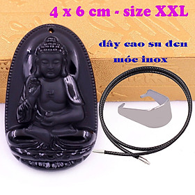 Mặt Phật A di đà đá thạch anh đen 6 cm kèm vòng cổ dây cao su đen - mặt dây chuyền size lớn - XXL, Mặt Phật bản mệnh