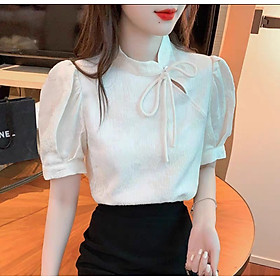 Áo kiểu cổ tàu sang chảnh, tay nhún tiểu thư xinh xắn