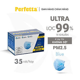 [1 HỘP - PERFETTA ULTRA] - Khẩu Trang Y Tế Chất Lượng Cao, Kháng Khuẩn, Chống Bụi Mịn PM 2.5, Màu Xanh, 4 Lớp, Bảo Vệ Tối Ưu, Đóng Gói Từng Cái - (35 cái/hộp)