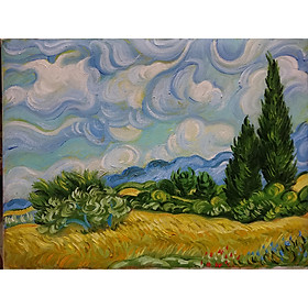 Tranh Sơn Dầu Vẽ Tay - Đồng Lúa Mì Và Cây Bách 30x40cm