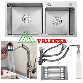 Combo chậu rửa chén bát inox Valenza 7843 hai hố lệch, vòi rửa bát đầu rút 02, bộ xả chậu, rá inox đa năng, bình xà phòng