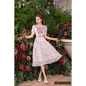Đầm Hoa NK FASHION Thiết Kế Đai Bọc Cổ Phối Bèo Điệu Đà Thanh Lịch Chất Vải Nhập Hàn Cao Cấp NKDV2302006
