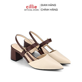 Giày sandal cao gót nữ slingback mũi nhọn thanh lịch phối màu nhẹ nhàng đế vuông Cillie 1167 - Kem - 38