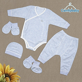 Set Bodysuit sơ sinh 5 món quần áo dài, bao tay chân, mũ kẻ sọc 100%