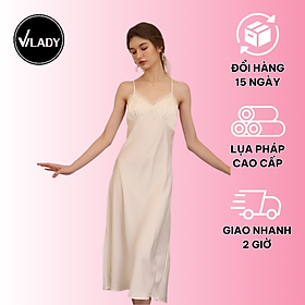 Đầm ngủ, váy ngủ lụa pháp thiết kế 2 dây chéo lưng phối ren cao cấp vilady - v147