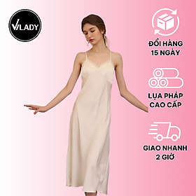 Đầm ngủ, Váy ngủ lụa Pháp (Lụa Latin) thiết kế 2 dây chéo lưng phối ren cao cấp VILADY - V147 (Màu Trắng gạo)