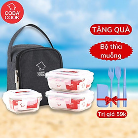 Mua  Tặng Muỗng Đĩa Bộ Hộp Cơm Thủy Tinh Chịu Nhiệt COBACOOK 2 Hộp 370ml 1 Hộp 320ml Và Túi Giữ Nhiệt- CCL3S33BS