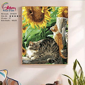 Mua Tranh sơn dầu số hóa tự tô màu theo số mèo bên hoa hướng dương DV4039