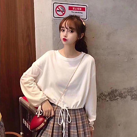 ÁO THUN CROPTOP RÚT DÂY TRƠN FORM RỘNG TAY DÀI - ÁO NHÓM CROP 5