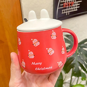 (350-400ml) Cốc sứ họa tiết Noel - Tết có nắp có thìa - Quà tặng Giáng Sinh, Năm mới (mẫu 2022)