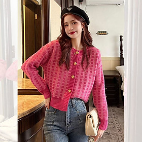 Hình ảnh Áo khoác cardigan nữ họa tiết ô phối màu độc đáo, style Hàn Quốc hot năm nay AK13 hồng