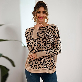 Women Knitwear Leopard Dropped Shoulders Irregualr Hemline Long Sleeve Autumn Winter Casual Jumper