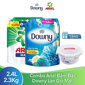 Combo Nước Giặt Ariel Đậm Đặc Dạng Túi 2.3kg/Túi + Nước Xả Vải Downy Làn Gió Mát 2.4L/Túi (Tặng hộp bảo quản thủy tinh 380ml)
