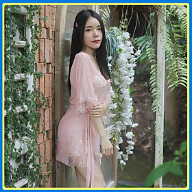 Set váy ngủ, đầm ngủ sexy ren hoa kèm áo choàng Q19 - Freesize ( 45kg-60kg ) - Da
