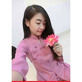Áo Lam Đi Chùa - Bộ Cổ Tàu Thêu Sen Màu Hồng Cánh Sen