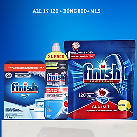 Combo viên rửa bát finish all in one 100 viên + muối finish 4.0kg + nước làm bóng finish 1150ml