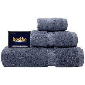 Bộ 3 Khăn Bestke Cao Cấp , đẳng cấp 100% Cotton Mềm mại và Thấm hút Nước , Xuất Khẩu, Màu xanh xám, trọng lượng 700g