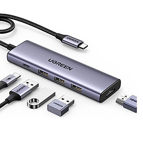 Ugreen 15597 USB type C sang 1 x HDMI 4K60Hz + 3 x USB 3.0 + 1 x USB-C PD 100W Bộ chuyển 5in1 CM511 20015597 - Hàng chính hãng