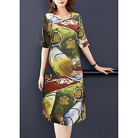 Đầm Suông Thiết Kế Silk Lụa Kiểu Đầm Suông In Nhiều Họa Tiết GOTI 3232D - LẬP THỂ NỀN XANH - 4XL 73-78KG