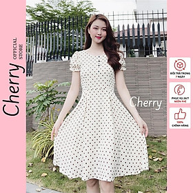 Đầm công sở chấm bi dáng đầm xòe có hai dây thắt eo tôn dáng, váy công sở ôm eo tôn body siêu đẹp - Cherry V004