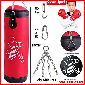 Vỏ bao cát đấm bốc boxing trẻ em 4 lớp dài 60cm, đường kính 26cm tặng full combo 5 món bao gồm găng tay đấm bốc trẻ em, móc treo, dây xích, khuy cài