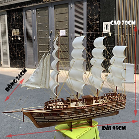 [Dài 95cm] Mô hình thuyền gỗ thuyền trang trí tàu chiến cổ Jylland - Thân tàu 80cm - Buồm màu Trắng Vàng - Gỗ Tràm