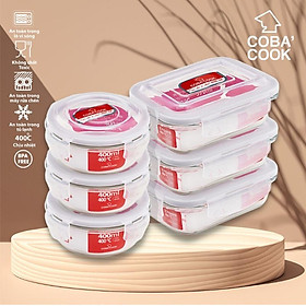 Bộ 6 hộp thủy tinh đựng thực phẩm COBACOOK 3 hình tròn 400ml và 3 chữ nhật 370 ml- CCR4L36