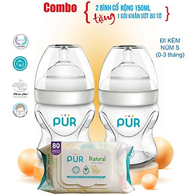 Combo 2 bình sữa Pur cổ rộng 150ml đi kèm núm S - Tặng gói khăn ướt Pur loại lớn 80 tờ