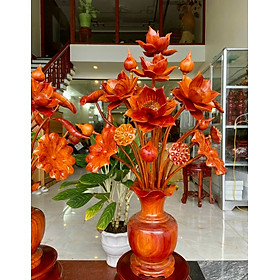 1 bình hoa sen 21 cành trang trí phòng khách phòng thờ bằng gỗ hương đỏ cực đẹp