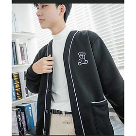 VIDEO ẢNH THẬT Áo Khoác Cardigan Túi Vuông Thêu Gấu Chạy Viền Cặp Đôi Nam Nữ Siêu Xinh - Unisex - Bomber Jac - ĐEN - L