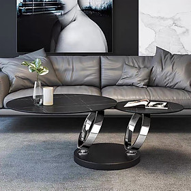 Bàn trà bàn sofa cặp đôi mặt đá phiến ( bàn to 80cm - mặt bàn nhỏ 50 cm ) xoay 360 độ chân khung inox mạ đế chân đen sang trọng TS GALAXY C-08E ở HCM