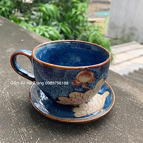 Set cốc capuchino gốm sứ Bát Tràng cao cấp men hoả biến thiên thanh hoạ tiết sen chìm