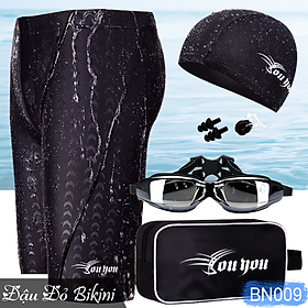 Set đồ bơi nam full 5 chi tiết kèm túi đựng, Quần bơi da cá + Kính bơi + Mũ + Bịt tai + Kẹp mũi, hàng xịn đẹp chuẩn | BN009