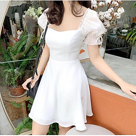 Váy trắng xòe cổ vuông, tay bồng, chất đũi dày đẹp cho nữ, freesize <53kg, có chun lưng phù hợp nhiều cân nặng mặc đi tiệc, đi chơi