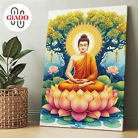 Mua Tranh ảnh thờ treo tường hoặc tranh để bàn mẫu Phật Thích Ca thiền định hoa sen nền xanh