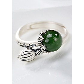 Nhẫn bạc phong thủy – Hoa sen đính ngọc bích tròn CMPKNHSN - Bạc Ý 925 Sterling Silver - Phong cách Retro sang trọng, quý phái - mang vượng khí tốt, tiền tài, niềm vui và may mắn cho người đeo - Free size