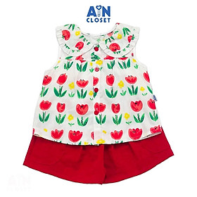 Bộ quần áo ngắn bé gái họa tiết Vườn Tulip quần váy đỏ cotton - AICDBG5EFKGB - AIN Closet