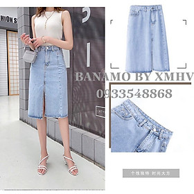 Chân váy jean dài xẻ trước cạp khóa giữa vải bò chân váy midi denim