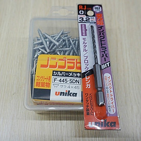 Combo Vít bê tông 4mm đầu bằng F445 & Mũi khoan tường 3.2mm đuôi lục giác Unika (không cần tắc kê nhựa)