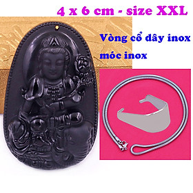 Mặt Phật Phổ hiền đá thạch anh đen 6 cm kèm dây chuyền inox rắn - mặt dây chuyền size lớn - XXL, Mặt Phật bản mệnh