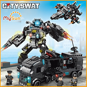 Bộ đồ chơi lắp ghép xếp mô hình lính đặc nhiệm, xe truck cảnh sát SWAT Police, máy bay trực thăng biến hình robot chiến đấu