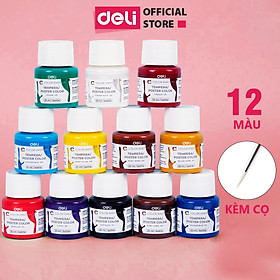 Set màu nước hũ Goat Gouache bộ màu nước pha sẵn 12 lọ 25ml kèm cọ Deli - Chất siêu mịn, dễ dàng trộn pha màu - Phù hợp học sinh, sinh viên mỹ thuật DIY - EC14