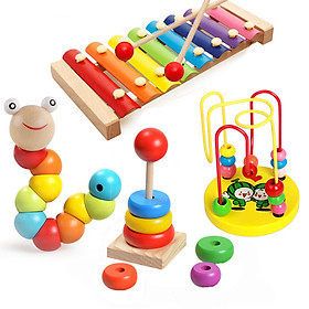 Bộ Đồ Chơi Giáo Dục Bằng Gỗ Montessori 4 Món Giúp Bé Luyện Kỹ Năng Cơ Bản